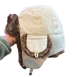 Eddie Bauer Down Aviator Winter Hat Ear Flap White Brown Fur Lined